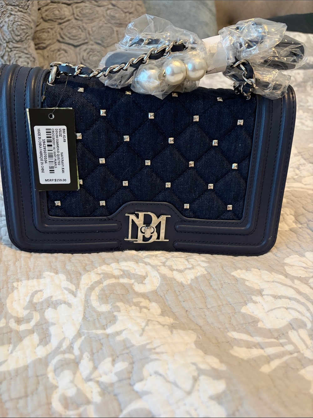 Badgley Mischka Navy Quilted Studded Chain Crossbody